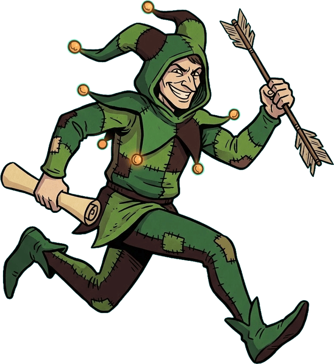 The Green Jester, mid-stride, a rolled parchment under one arm and an arrow in the other hand